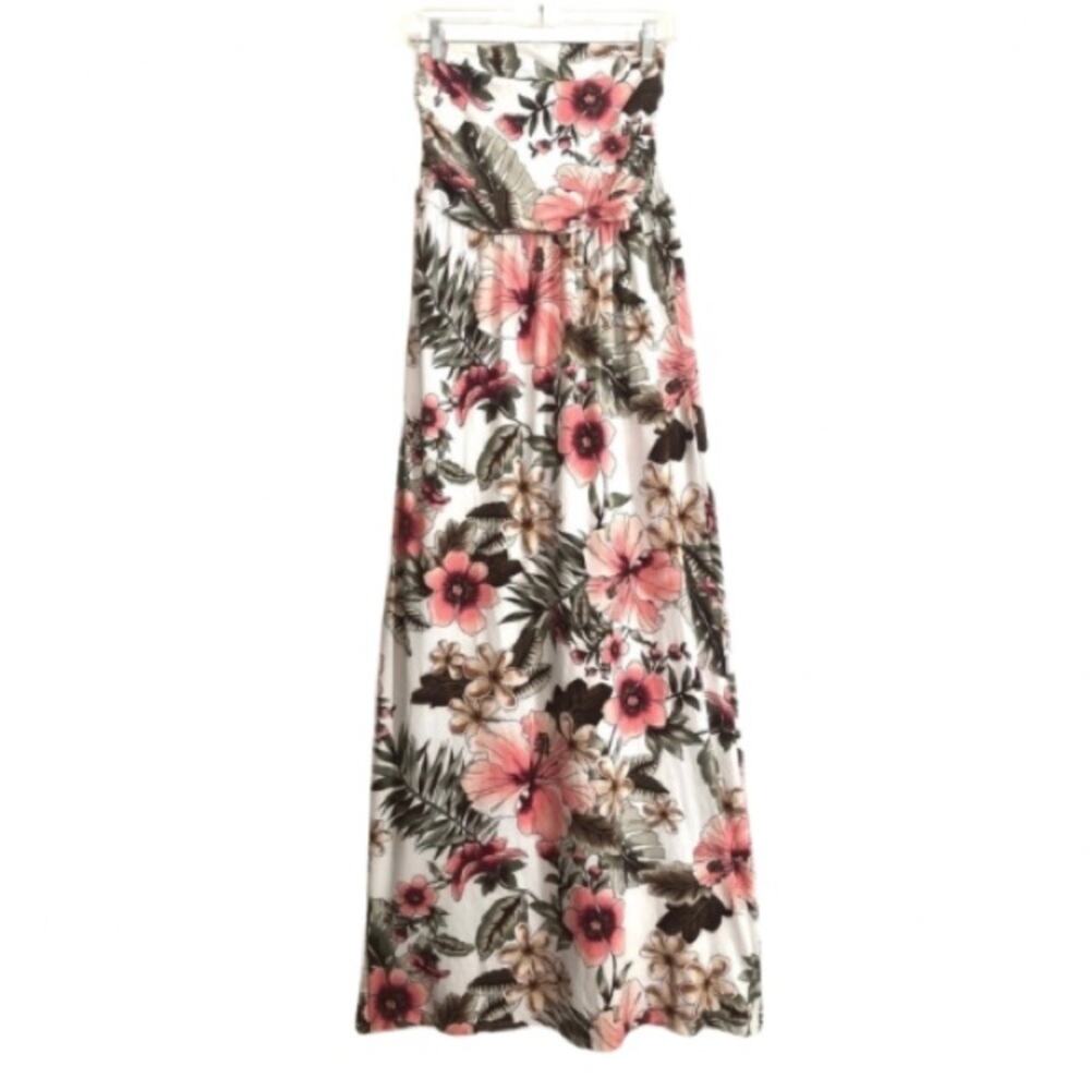 Vibe Sportswear Floral Tropical White Pink Green Strapless A-line Maxi Dress